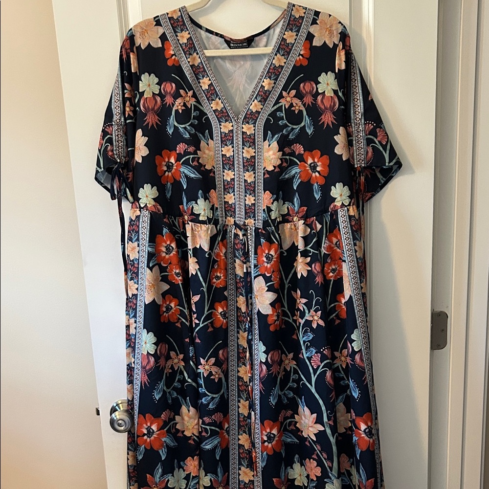 BloomChic Boho-Style Floral V-Neck Dress with Pockets and Tie Sleeves